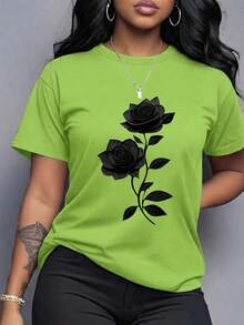 Spring Clothes Women's Clothing, Ladies Plus Size T-Shirt Black Rose Print - Casual Short Sleeve Round Neck Top, Medium Stretch Fabric, All-Season Com - 草綠色 - 查看 1