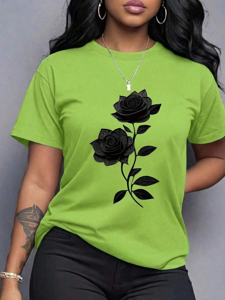Spring Clothes Women's Clothing, Ladies Plus Size T-Shirt Black Rose Print - Casual Short Sleeve Round Neck Top, Medium Stretch Fabric, All-Season Com - 草綠色 - 查看 1