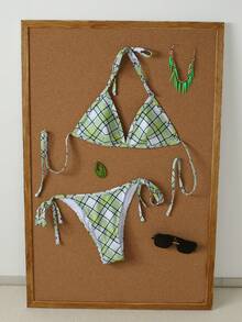 2pcs Women's Fresh Green Plaid Bikini Set With Neck Strap, Minimalist Style Vacation Swimwear, 2026 Summer Beach Holiday Outfit, Women's Birthday Dress, Women's Fitness Wear, Women's Elegant Dress, Women's Vacation Clothing, Women's Casual Top - Multicolor - View 2