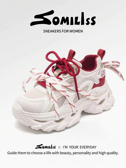 somiliss Women's 6cm Platform Soft Bottom Chunky Sneakers, Red & White Patchwork, Comfortable Lightweight Casual Sports Shoes, Fashion Versatile Daily Commute All Season Walking Shoes, 2026 New Arrival