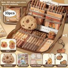 33件/226件/127件/47件套水豚文具套装，可爱水豚铅笔盒，多层学生铅笔盒，包含贴纸、钥匙扣、胸针，礼品套装，返校季，书包 - 紫紅色 - 查看 16