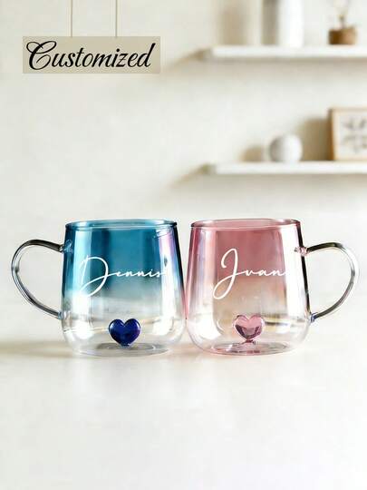 Customized Heart-Shaped Bottom High Borosilicate Glass Single-Layer Cup, Gradient Blue Couple Insulated Heat-Resistant Glass Cup With Handle, Suitable For Milk, Juice, Water, Gift For Men, Women, Valentine's Day, Wedding,Kitchen Essentials