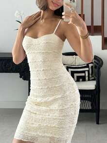 French Sensual Style Fashion Spaghetti Strap Backless Lace Trim Bodycon Beach Vacation Dress - Apricot - View 3