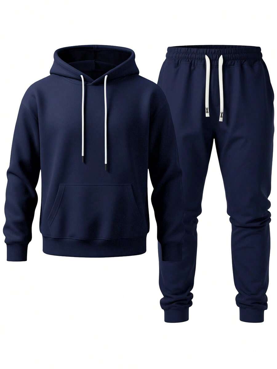 Men's Hooded Sweatshirt And Ankle Pants Two-Piece Set, Casual Pullover Top, Jogging Pants Set, Suitable For Mountaineering, Outdoor Hiking, And Travel - 藏蓝色 - 查看 1