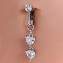 1pc Heart Shaped Clip-On Fake Navel Ring, Valentine's Day Element - Silver - View 3
