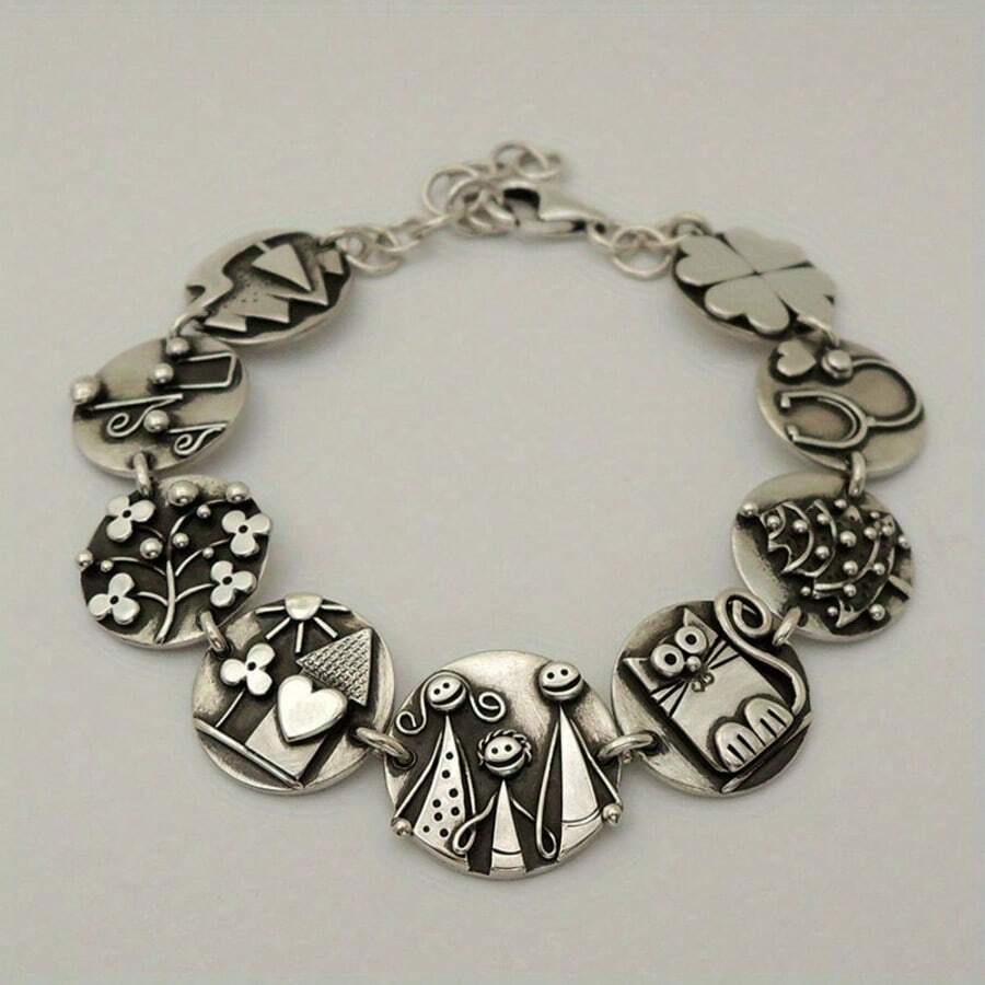 经典简约纪念手链，饰有房屋、猫咪、花朵等元素，女士手链，礼品及纪念品 - 銀色 - 查看 1