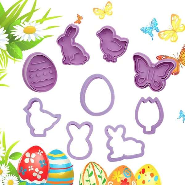 Set Of 9 Easter Cookie Cutters: Plastic Animal-Shaped Molds For Baking, Including Adorable Cartoon Bunny Shapes. Perfect For Cupcakes And Holiday Treats.