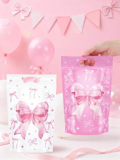 10/25pcs Pink Bow Theme Candy Bags Zipper Sealed Bags, Pink Bow Design Sweet Bags Gift Bags For Birthday Party Wedding Decorations, 1st Birthday Party Gender Reveal Party Wedding Transparent Candy And Snack Gift Bags