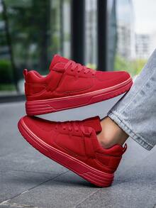 Men's Solid Red Leather Patchwork Sneakers, Classic Lace-Up Retro Casual Walking Commuting Flat Shoes - Red - View 7