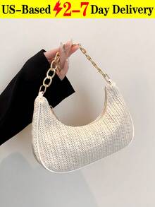 Fashionable Solid Color Woven Moon Shaped Women's Bag With Metal Chain Strap, Straw Crescent Women's Multipurpose Handbag,Casual Beach Vacation Style Shoulder Underarm Tote Bag, Eye-Catching Beach Bag, Hottest Beach Bags For Women, Fashion Summer Vacation Bag,Can Be Used As Handbag, Shoulder Bag, Tote Bag, Beach Bag, Casual Woven Bag, And Cell Phone Bag, Summer Essentials, Perfect For Vacation & Holiday, Beach Purse, Perfect For Summer, Vacation & Daily Use, Travel Must Haves[US Local Warehouse]The Best Gift Choice, Birthday Gift - 彩色 - 查看 11