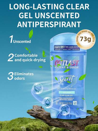  48小时长效止汗啫喱，Secret隐形固体止汗剂，73克，铝锆止汗配方，速干，不留痕迹，温和，无香精，低刺激，适合日常通勤和运动。