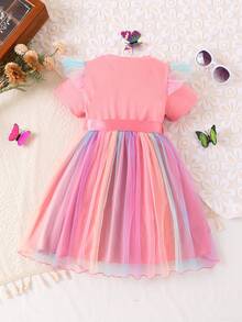 Young Girl' Fashionable Casual Elegant Sweet Cute Unicorn Print Round Neck Cap Sleeve Ruffle Mesh Dress, Summer - Pink - View 3