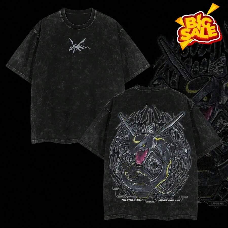Super Value Hot  T-Shirt Rayquaza Vintage Unisex Oversize Anime Manga Acid Washed Heavyweight Cotton T-Shirt, Graphic Tee, Anime Lover, Outfits Men Clothes Menswear Suitable Gift For Fans SD0082 - 黑色 - 查看 1