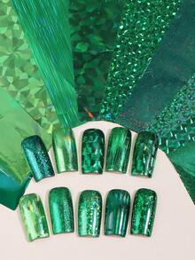 10片全息绿色美甲箔贴纸，金属绿色闪光亮片不对称薄片几何星空纸质DIY美甲贴膜装饰美甲用品 - 彩色 - 查看 9