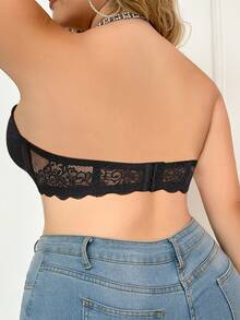 Women's Plus Size Black Lace Strapless Bra - Push Up, Breathable & Comfortable, Vacation Resort Wear - Black - View 9