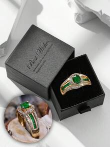 Bague en cuivre ornée d'un émeraude et de zirconiums cubiques, présentée dans un coffret cadeau de luxe. Bijou à la mode idéal pour les soirées et les occasions formelles. Fabriquée en cuivre résistant à la décoloration et hypoallergénique. Un cadeau parfait pour votre bien-aimée ou votre mère. - Doré - Voir 15