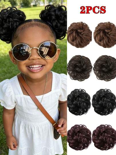 Búi tóc giả bằng sợi tổng hợp, kiểu tóc xoăn rối, dây chun buộc tóc, phụ kiện tóc giả cho trẻ em (2 cái).