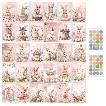 30张粉色系列复活节主题明信片套装，复活节兔子和彩蛋图案，家居卧室墙面装饰，节日装饰卡片，适用于剪贴簿、手账和手工制作，复活节礼物