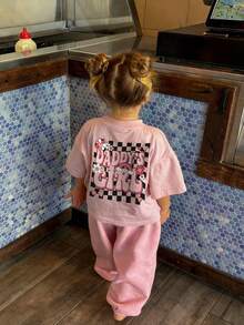 Baby Girls Plaid Graffiti & Letter Print Cute Girl Graphic Round Neck Short Sleeve Top - Pink - View 1
