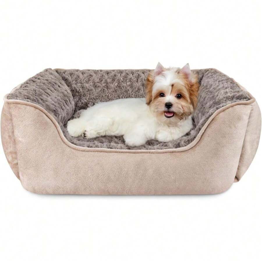 Cama Rectangular Ortopédica para Perros Grandes Medianos y Pequeños, Lavable a Máquina con Base Antideslizante, Sofá Cama Suave Transpirable y Duradera, Efecto Calmante para Mascotas, Varios Tamaños Disponibles Color Beige - S (20" x 19" x 6") + Beige - Ver 1