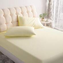 3pcs Solid Color Fitted Sheet Set  With 1pc Fitted Sheet+2pcs Pillow Case Without Filler, Modern Soft Bedding Set For Household Sheet Deep Pocket Up To 15 Inch - 象牙 - 查看 2