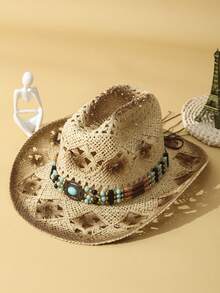 1pc Unisex Turquoise Decor Dyeing Printed Ridge Hollow Out Wide Brim Boho Hand Woven Travel Shade Breathable Adjustable Chin Strap Cowgirl Hat Windproof Rope Casual Travel Shade Handmade Beach Hat Cowboy Hat Sun Hat Straw Hat - Beige - View 2