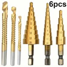 6pcs Pagoda Drill Bit Set, Hexagonal Shank Straight Slot Titanium Coated Stepped Drill Bits, Woodworking Specialized Hole Puncher, Titanium Chrome Cast Iron Cutter - Pagoda Drill Bit - View 6