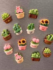 10pcs Mini Colorful Plant Shaped Refrigerator Magnets Set, Cute Sunflower Potted Decor Magnets For Home Kitchen, Creative Fridge Magnet Decorations, Resin DIY Accessories, Suitable For Room, Office, Kitchen, Spring, Easter, Mother's Day, Birthday, Holiday Decor And Gifts - one-size - View 2