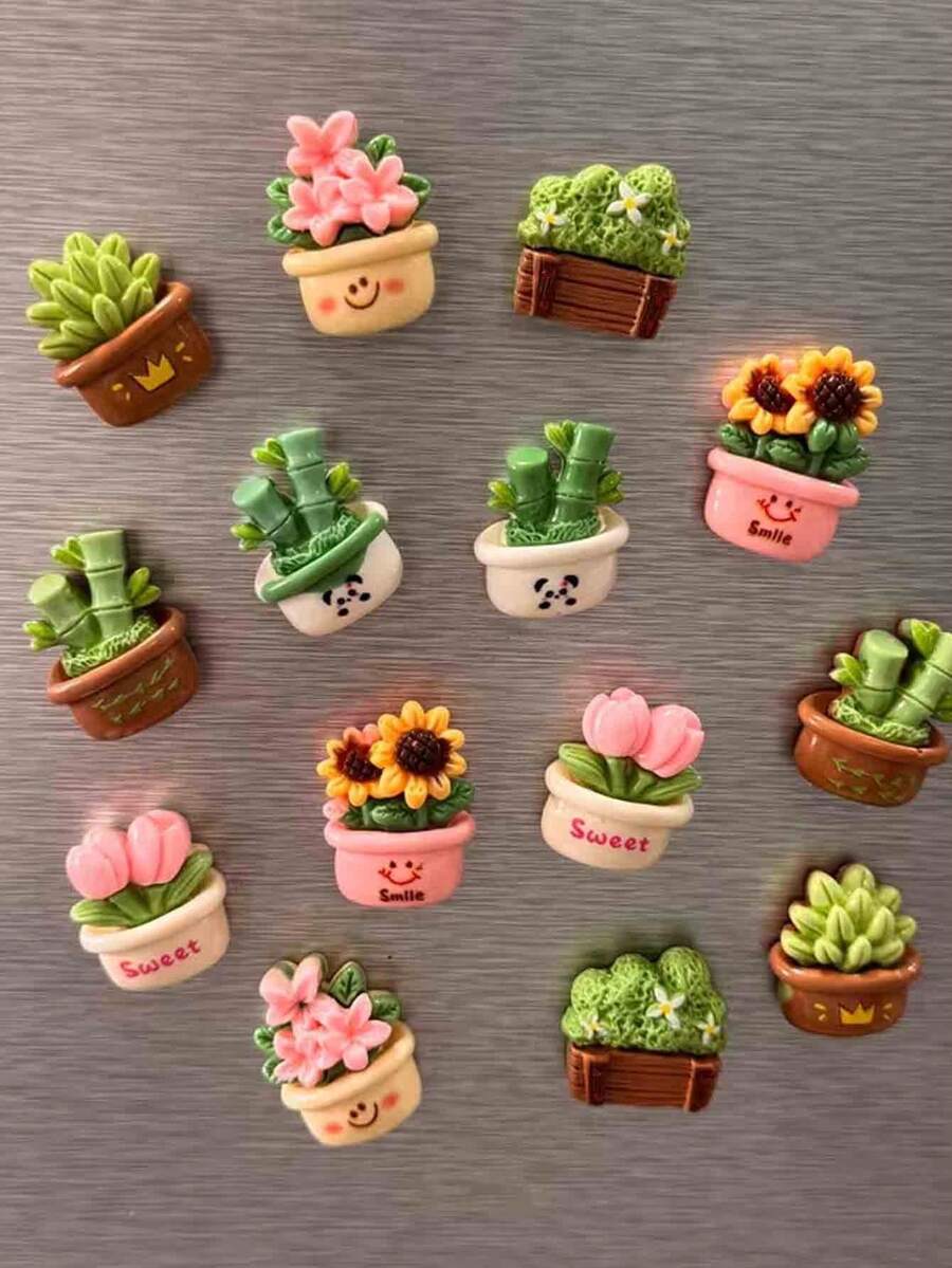 10pcs Mini Colorful Plant Shaped Refrigerator Magnets Set, Cute Sunflower Potted Decor Magnets For Home Kitchen, Creative Fridge Magnet Decorations, Resin DIY Accessories, Suitable For Room, Office, Kitchen, Spring, Easter, Mother's Day, Birthday, Holiday Decor And Gifts