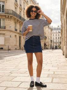 Women 3/4 Sleeve T-Shirts Stripe Crew Neck Casual Shirts Summer Fashion Loose Fit Tops Streetwear - màu đen - Xem 7