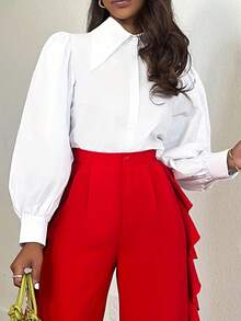French Slim Fit Elegant Versatile Design Solid Color Button Front Casual/Office Wear Long Sleeve Shirt White Spring - White - View 1