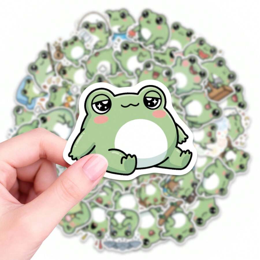 56Pcs Kawaii Frog Life Stickers- Green Frogs Reading, Drumming & Eating With Cute Expressions, Cute Vinyl Decals For Journal, Laptop & DIY Crafts - 56PCS - View 1