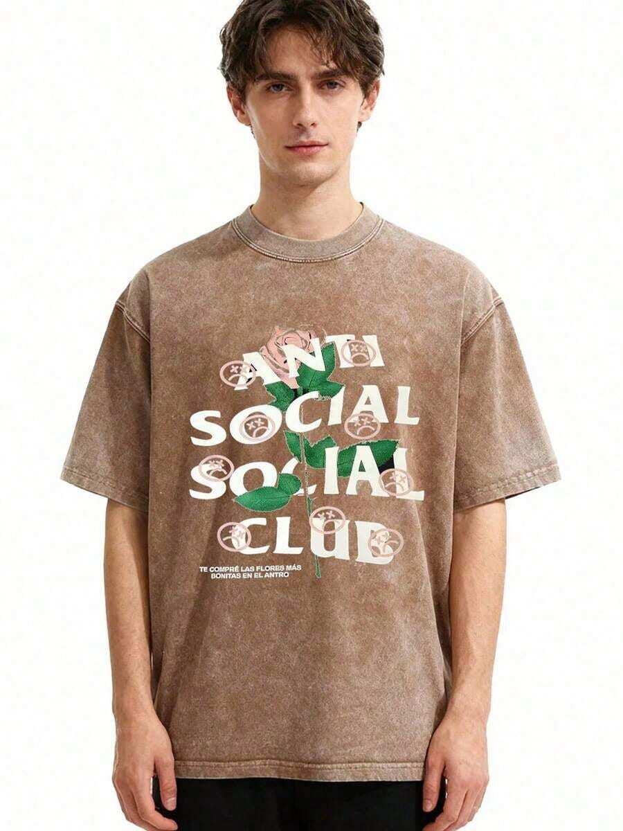 2026 Summer Tops1pc Retro Water Washed T Shirts, Artistic Graphic Featuring A Blooming Rose Intertwined With Bold Anti Social Club Text Symbolizing Contrast Between Beauty And Isolation Vintage 100% 230g Pure Cotton Casual Tee For Men,Street Y2K, Summer Tops, New Year Gifts,UnisexLoose And Comfortableshirt - Cà phê nâu - Xem 1