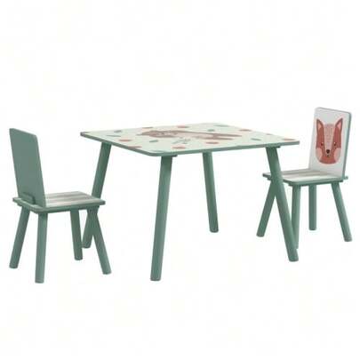 Children's Table And 2 Chairs, Garden Set With 1 Table And 2 Chairs, Cute Animal Design, For Children Aged 3 To 8 Years, Green