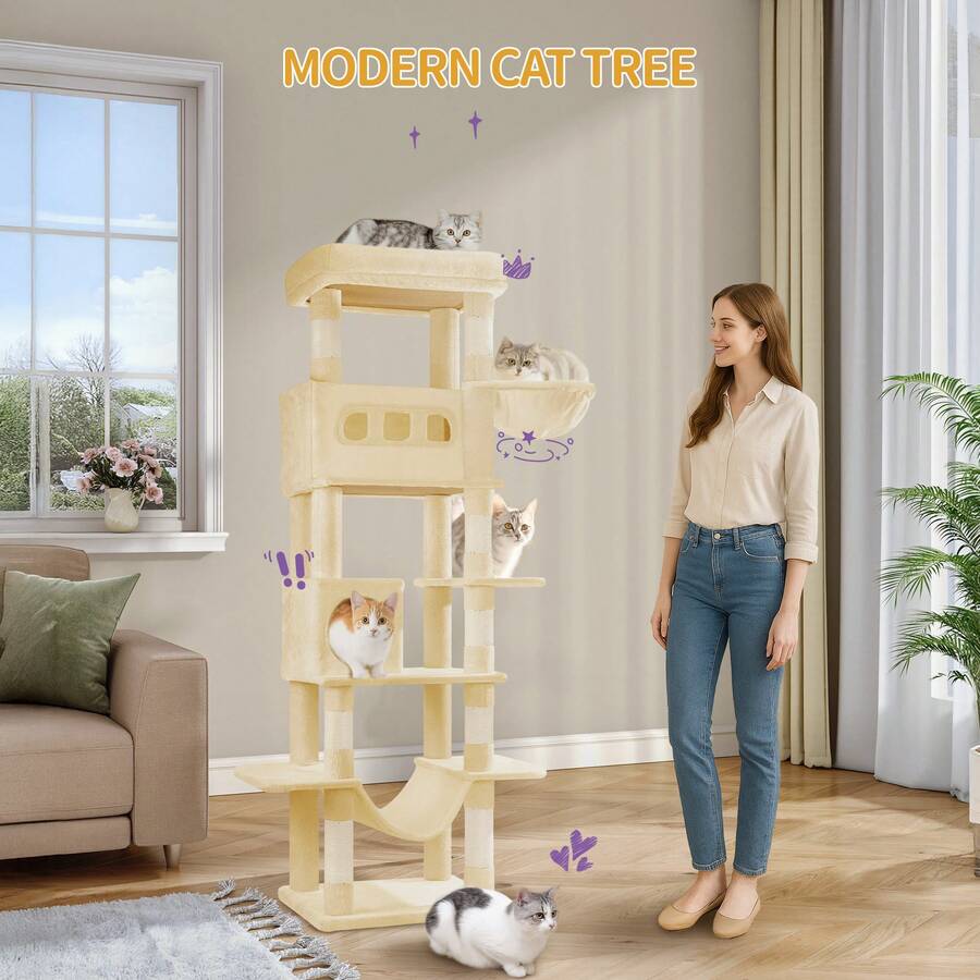 Hzuaneri 170 Cm Large Cat Tower For Indoor Cats,Cat Tree, Multi-Level Cat House With Condo, 8 Scratching Posts, Hammock - Beige - View 1