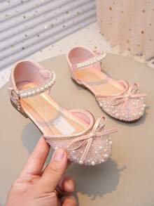 Girls' Glitter Dress Sandals, Low Heel Crystal Princess Flower Flat Shoes, Suitable For Weddings And Parties - Pink - View 2