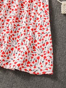 女士夏季印花蕾丝边V领短袖优雅度假连衣裙 - 紅色 - 查看 6