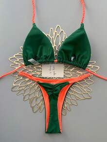 2 件波西米亚豹纹休闲可爱优雅性感扎染钩针撞色饰边比基尼泳装，海滩度假，春夏 - 綠色 - 查看 4