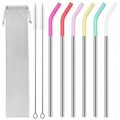 40 Oz Stainless Metal Straws For 40 Oz  Tumbler, 6Pcs Reusable Straight Long Steel Straws With 12 Silicone Tips And 2 Straw Cleaning Brushes(6Color3, 40oz)
