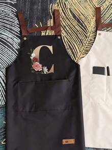 趣味可调节肩带围裙，配有实用口袋，可个性化定制花卉字母 A-Z 印花，男女通用，结实耐用的围兜式肩带，颈部和腰部系带均可调节，大口袋设计，可水洗，防污耐用，适用于厨房、美发师、园丁、厨师、专业美容学校等场合。 - A - 查看 5
