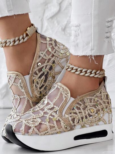 Sandalias de cuña con plataforma, de malla con lentejuelas, transpirables, para mujer. Elegantes, cómodas y casuales, perfectas para citas y salidas