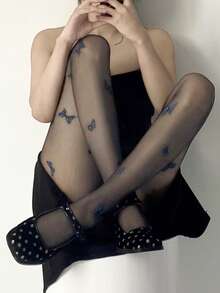 1双浪漫蓝色蝴蝶图案女士连裤袜 - 性感透明尼龙丝袜，给人纯洁迷人的感觉，适合约会和外出穿着 - 彩色 - 查看 10