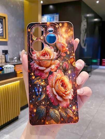 1个玫瑰蝴蝶UV印刷防摔手机壳，兼容三星/Galaxy/Infinix/Redmi/OPPO/VIVO/Realme安卓机型