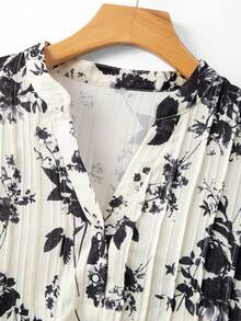 花卉印花荷叶边钥匙孔领口衬衫 - 香檳色 - 查看 3