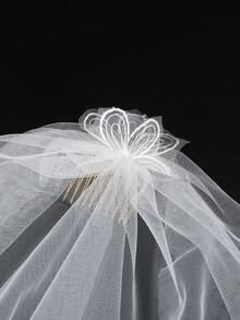 1件极简复古蕾丝双边新娘头纱，美丽优雅的婚礼订婚照道具发饰 - 白色 - 查看 6