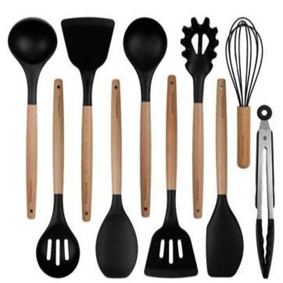 Ensemble d'ustensiles de cuisine en silicone 10 pièces - Ensemble d'ustensiles de cuisine  avec poignées en bois résistant à la chaleur, ensemble de spatules anti-rayures sans danger pour les ustensiles de cuisine antiadhésifs (Noir)