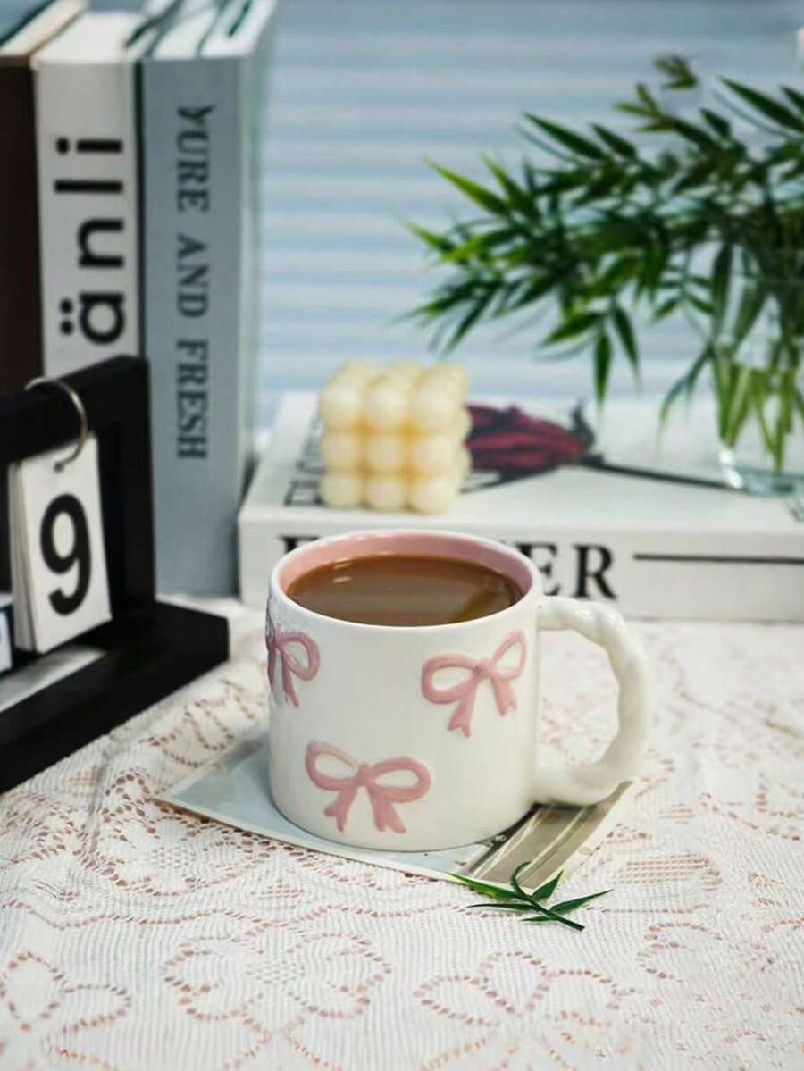 1 pieza Taza cerámica creativa con forma de lazo 3D y asa trenzada, taza de café/leche de alta calidad, apta para microondas, regalo perfecto para novias, linda taza de agua rosa femenina