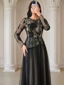 Women's Elegant Long Dress With Sheer Mesh, Floral Embroidery, And Sequin Accents, Suitable For Daily Wear, Parties, And Weddings Spring Party Black - Black - View 5