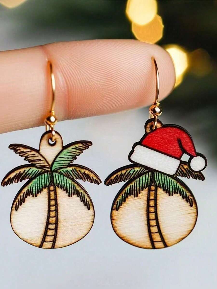 2pcs Popular Women's Fashion Minimalist Cute Wooden Coconut Tree Christmas Hat Earrings, Wedding Engagement Party Jewelry Gift - Gold - View 1