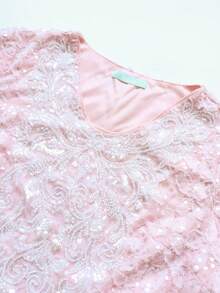 Đầm dài tay cổ chữ V kiểu Ả Rập cỡ lớn, trang trí thêu và đính cườm, chiều dài tiêu chuẩn, vải dệt, không co giãn, màu hồng, thích hợp cho kỳ nghỉ xuân. - Hồng - Xem 6